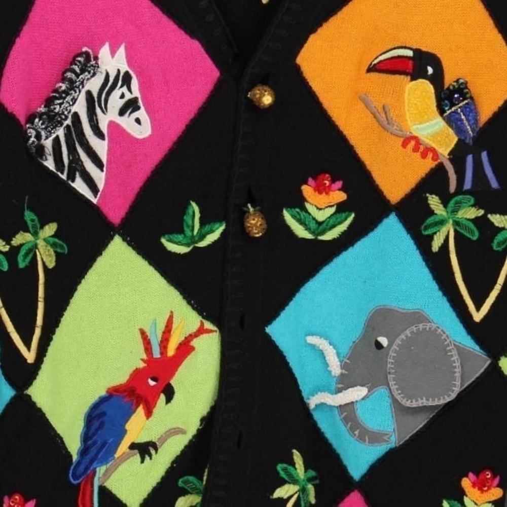 Vintage Jack B Quick Large Black Safari Zoo Animals Zebra Embroidered Cardigan